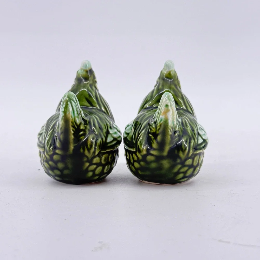 Rooster Chicken Hen Salt Pepper Shakers Green Ceramic Drip Glaze Set Intricate